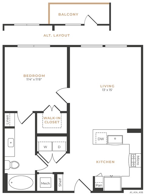 Floor plan for 1 bed, 1 bath, 709 sqft